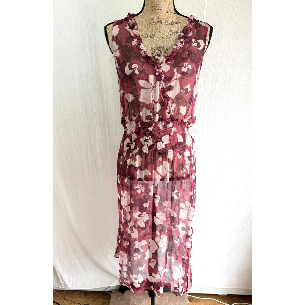 Vintage Y2K Floral Silk Chiffon Maxi Dress Smocked Waist Ruffle Romantic M